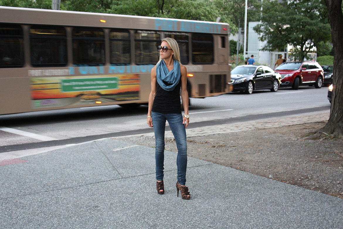 organic scarf natural jeans on girl walking by city bus